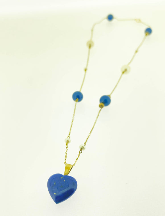 Yellow Gold Lapis and Pearl Necklace