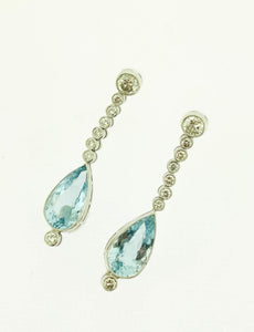 18ct White Gold & Diamond Earrings with Aquamarine Drops