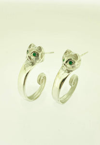 Silver Cat Hoop Earrings With Emeralds