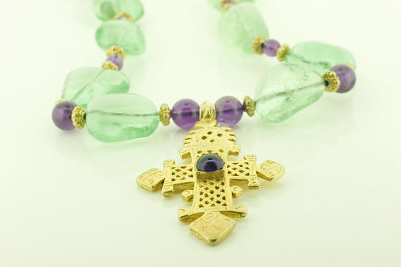 Fluorite Amethyst Necklace with Cross