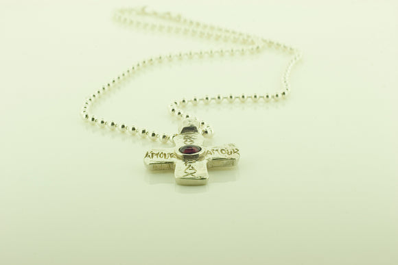 Cabochon Garnet Silver Cross on Silver Chain