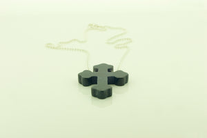 Silver Bead Necklace with Black Agate Cross