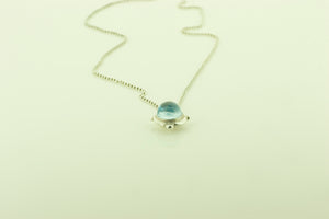 Silver Bead Chain with Cabochon Aquamarine Pendant