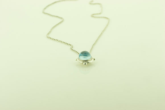 Silver Bead Chain with Cabochon Aquamarine Pendant