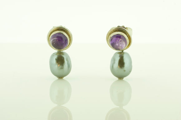 Silver Amethyst Faux Pearl Earrings