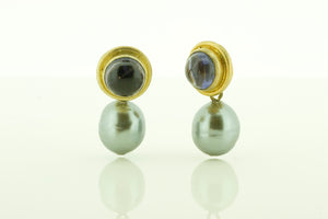 Silver Gilt Iolite and Faux Pearl Earrings