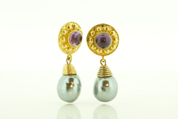 Silver Gilt Amethyst Earrings with Faux Pearl Drop