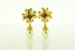 Silver Gilt Etruscan Garnet and Faux Pearl Earrings