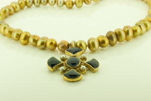 Bronze Freshwater Pearl Necklace with Onyx and Pearl Cross